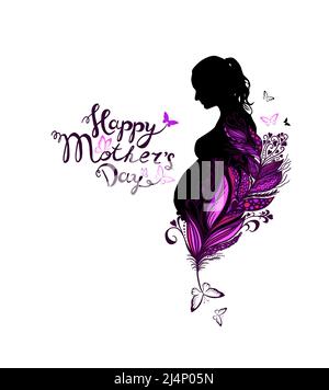 Lettres manuscrites Happy Mother's Day. Femme enceinte abstraite en fleurs. Conception de texte de dessin en ligne continue. Illustration vectorielle Illustration de Vecteur