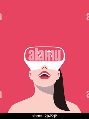 Beauté fille portant des lunettes de réalité virtuelle. Vue de face, jeux, recherche, illustration vectorielle Illustration de Vecteur