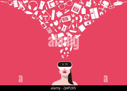 Beauté fille portant des lunettes de réalité virtuelle. Shopping en ligne, illustration vectorielle Illustration de Vecteur