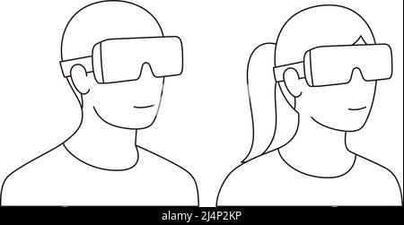 Homme et femme portant des lunettes de réalité virtuelle. Vue de face, jeux, illustration vectorielle Illustration de Vecteur