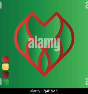 Le jaune, le rouge et le vert gradients le cœur sur un fond isolé vert. Illustration vectorielle. Illustration de Vecteur