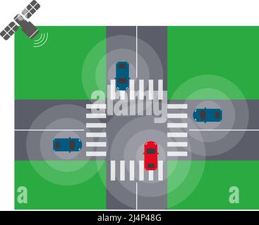 Voiture autonome avec satellite; vue de dessus. Véhicule à conduite automatique. Illustration de Vecteur