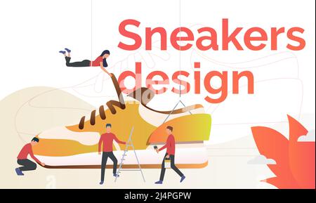 Modèle de prospectus Sneakers. Les concepteurs de chaussures de sport travaillent sur de nouvelles baskets. Mode concept. L'illustration vectorielle peut être utilisée pour la production de chaussures Illustration de Vecteur