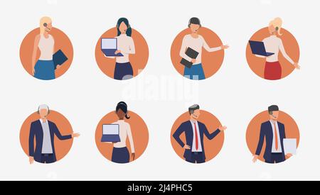 Les agents de vente consultent les clients par téléphone. Opérateurs téléphoniques d'assistance à la clientèle hommes et femmes. Illustration vectorielle pour bannière, dépliant, publicité Illustration de Vecteur