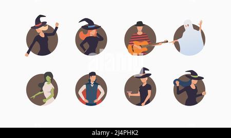 Jeu de caractères d'Halloween. Personnages de dessins animés plats ronds bruns. Illustration vectorielle pour présentation, affiche, site Web Illustration de Vecteur