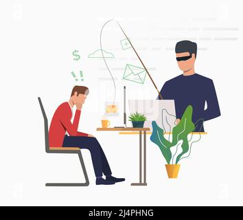Piratage d'un serveur de messagerie par un cyber-attaquant. Arnaque tenant un matériel de pêche avec un message accroché du travailleur de bureau. Concept de cybercriminalité. Illustration vectorielle Illustration de Vecteur