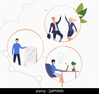 Les gens d'affaires travaillant sur le projet. Collègues célébrant le succès, organisant la présentation, pensant à une nouvelle idée. Concept d'entreprise. Illustration vectorielle Illustration de Vecteur