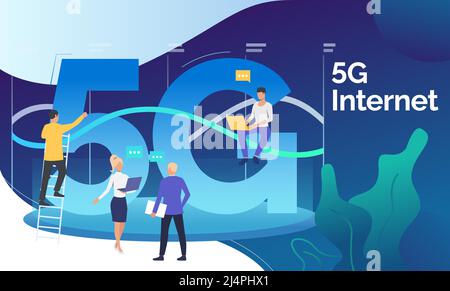 Développeurs techniques travaillant sur le projet de réseau 5G. Cinquième génération, connexion wi-fi, télécommunications. Concept de technologie. L'illustration vectorielle peut être utilisée pour Illustration de Vecteur