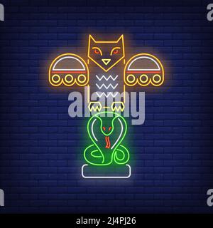 Totem avec hibou et panneau néon serpent. Culture, idole, conception de religion. Panneau néons lumineux de nuit, panneau d'affichage coloré, bannière lumineuse. Illustration vectorielle Illustration de Vecteur