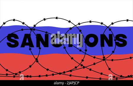 Sanctions contre le drapeau russe, clôturé avec des barbelés, illustration des médias. Sanctions sur l'économie russe. Motif plat minimaliste. Illustration de Vecteur