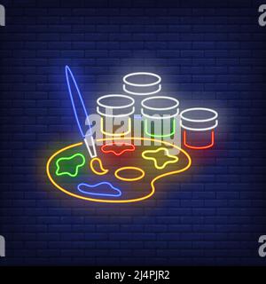 L'artiste peint l'enseigne au néon. Aquarelle, palette, pinceau, gouache. Concept de retour à l'école. Illustration vectorielle de style néon, élément lumineux pour topi Illustration de Vecteur