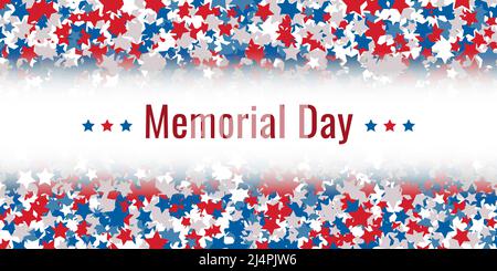 Memorial Day - bannière poster. Célébration DU JOUR du Mémorial DES ÉTATS-UNIS. Fête nationale américaine. Modèle d'invitation avec texte rouge et étoiles. Illustration vectorielle Illustration de Vecteur