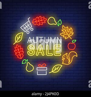 Vente d'automne lettrage au néon avec feuilles, poires, cadeau, écureuil. Shopping, remise, vente design. Panneau néons lumineux de nuit, panneau d'affichage coloré, bande lumineuse Illustration de Vecteur