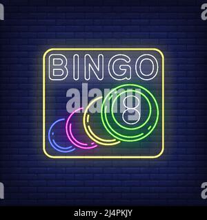 Bingo neon lettering with balls. Gamble, lotto, entertainment design. Night bright neon sign, colorful billboard, light banner. Vector illustration in Illustration de Vecteur