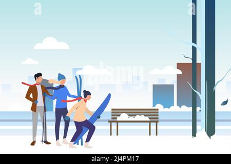 Ski en famille en plein air en hiver. À l'extérieur, parents, enfants, sports d'hiver. Nouvelle année avec concept de famille. L'illustration vectorielle peut être utilisée pour presen Illustration de Vecteur