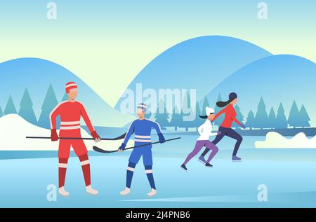 Patinage familial et hockey sur étang gelé. À l'extérieur, parents, enfants, sports d'hiver. Nouvelle année avec concept de famille. L'illustration vectorielle peut être Illustration de Vecteur