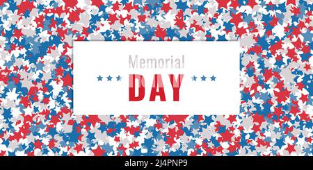 Memorial Day - bannière poster. Célébration DU JOUR du Mémorial DES ÉTATS-UNIS. Fête nationale américaine. Modèle d'invitation avec texte rouge et étoiles. Illustration vectorielle Illustration de Vecteur