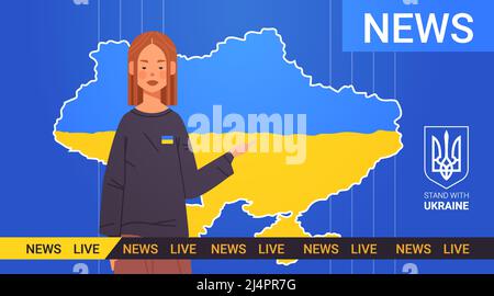 Femme diffusant des informations de rupture quotidiennes à la télévision en studio de télévision prier pour l'Ukraine paix sauver l'Ukraine de la russie arrêter la guerre Illustration de Vecteur