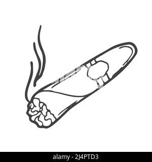Doodle dessin main, dessin animé, cigare allumé avec fumée. Isolé sur fond blanc. Illustration de Vecteur