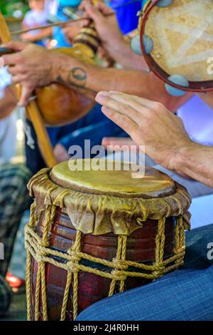 Joueur de Dum et autres instrumentistes lors d'un spectacle de samba brésilien au carnaval Banque D'Images