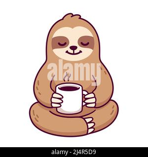 Adorable glossine avec une tasse de café ou de thé. Personnage de dessin animé amusant, illustration d'art de clip vectoriel. Illustration de Vecteur