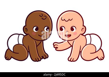 Deux petits bébés mignons, noirs et caucasiens. Petits amis de différentes couleurs de peau. Illustration de clip art vectoriel. Illustration de Vecteur