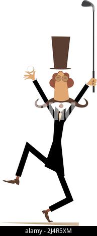 Un homme drôle de moustache longue joue l'illustration du golf. Dessin animé long moustache gentleman dans le chapeau supérieur tient un club de golf et une balle isolée sur blanc Illustration de Vecteur