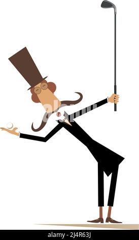 Un homme drôle de moustache longue joue l'illustration du golf. Dessin animé long moustache gentleman dans le chapeau supérieur tient un club de golf et une balle isolée sur blanc Illustration de Vecteur