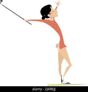 Femme de golfeur sur l'illustration du terrain de golf. Sourire golfeur femme est heureux d'un bon coup isolé sur blanc Illustration de Vecteur