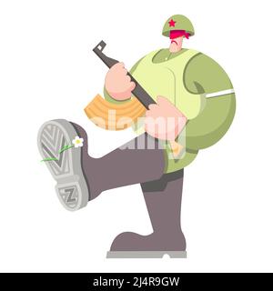 Soldat de marche agressif avec un bandeau et une mitrailleuse dans ses mains. Pour l'impression et le design. Illustration vectorielle. Illustration de Vecteur