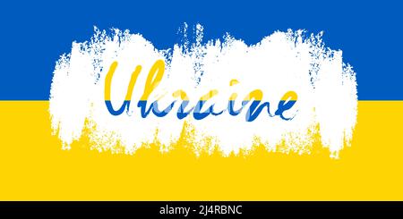 Drapeau de l'Ukraine, Etat européen. Rayures bleues et jaunes, pinceau blanc, lettrage. Lutte pour l'indépendance. Illustration graphique vectorielle pour n'importe quel p Illustration de Vecteur