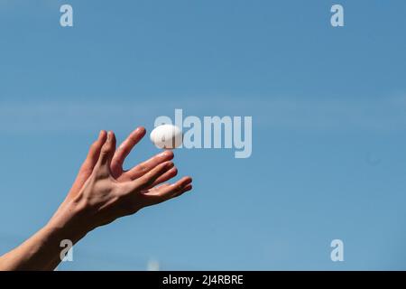 17 avril 2022, Hessen, Wald-Michelbach : un participant saisit un œuf lors du jeu d'œufs de Pâques TSV Aschbach. Après une pause de deux ans, le lancement des œufs de Pâques a lieu à Wald-Michelbach, sur la Bergstrasse. Les œufs crus sont jetés, qui doivent être capturés à nouveau intacts. Le gagnant est l'équipe qui atteint la plus grande distance. Seuls les œufs qui sont au-delà de leur date de péremption sont utilisés. Cette année, l'équipe gagnante a jeté une distance de 53 mètres. Photo: Sebastian Gollnow/dpa Banque D'Images