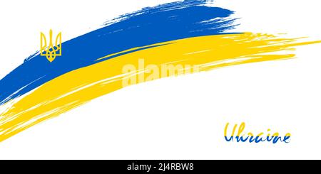 Drapeau de l'Ukraine, Etat européen. Rayures bleues et jaunes, blason trident, lettrage. Trait de pinceau de couleur drapeau ukrainien. Design du symbole, affiche Illustration de Vecteur
