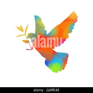 Silhouette vectorielle colorée d'une colombe volante avec branche sur fond blanc. Illustration de Vecteur
