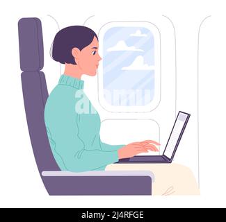 Femme travaillant sur un ordinateur portable en cabine. Illustration de Vecteur