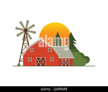 Ferme de la grange avec arbres et coucher de soleil Illustration Vector Illustration de Vecteur