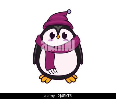 Joli et doux pingouin portant un chapeau chaud et une écharpe avec motif vectoriel de style dessin animé Illustration de Vecteur