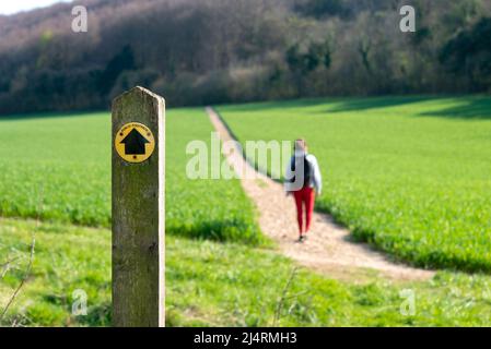 Panneau de sentier public dans la campagne avec un randonneur sur le chemin. Banque D'Images