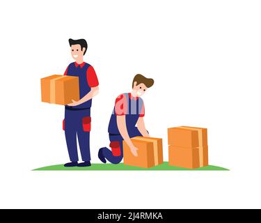 Sourire et heureux livraison ou Courier hommes ensemble boîtes de levage Vector Illustration de Vecteur