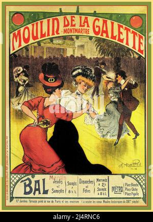 Vintage French Paris MOULIN DE LA GALETTE Montmartre 1906 affiche des couples dansants dans l'après-midi et aussi le soir. Entrée Soiree Paris France Banque D'Images