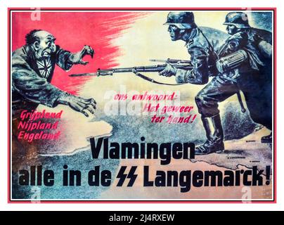 Vintage WW2 1940s Nazi SS Flamand Propaganda Poster SS Freiwlligen Dutch Grenadier Division Langemarck met opschriff Vlamingen alle in de SS Langemarck.Our reponse The gun at hand. Propagande raciste flamande hollandaise antisémite WW2 Seconde Guerre mondiale Banque D'Images