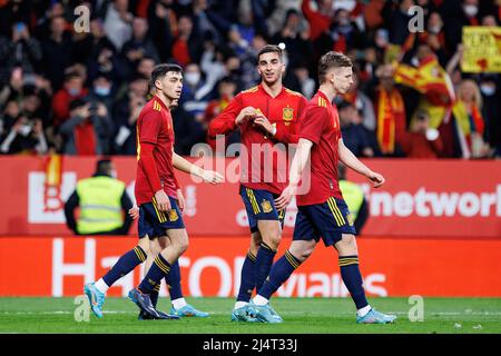 BARCELONE - 26 MARS : Ferran Torres célèbre après avoir atteint un but lors du match international amical entre l'Espagne et l'Albanie au RCDE Stadiu Banque D'Images