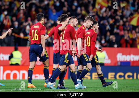 BARCELONE - 26 MARS : Ferran Torres célèbre après avoir atteint un but lors du match international amical entre l'Espagne et l'Albanie au RCDE Stadiu Banque D'Images