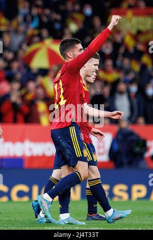 BARCELONE - 26 MARS : Ferran Torres célèbre après avoir atteint un but lors du match international amical entre l'Espagne et l'Albanie au RCDE Stadiu Banque D'Images