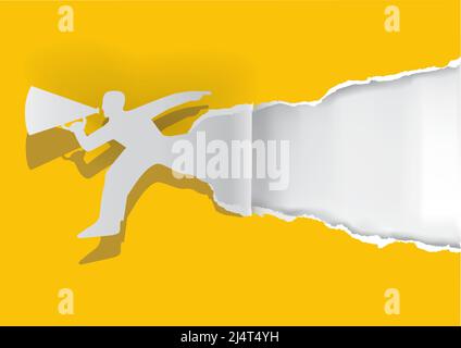 Homme en train de courir avec du papier jaune déchirant le mégaphone. Illustration d'une silhouette masculine de papier déchirée. Modèle pour bannière, place pour votre texte ou image. Illustration de Vecteur