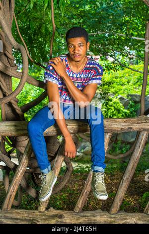 Black Man relaxant dehors. Portant une chemise à motif coloré, un Jean bleu, des baskets, un collier, un jeune homme beau est assis sur une clôture en bois, attendant Banque D'Images