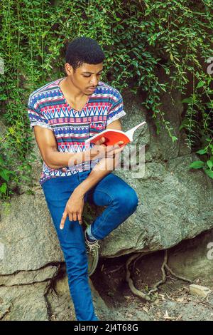 Homme lisant à l'extérieur. Portant une chemise à manches courtes, sans col, à motif coloré, un Jean bleu, un jeune étudiant est assis contre les rochers avec gre Banque D'Images