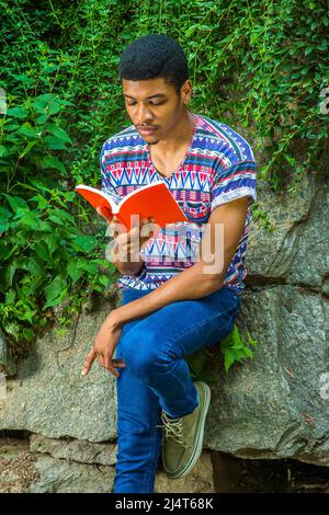 Homme lisant à l'extérieur. Portant une chemise à manches courtes, sans col, à motif coloré, un Jean bleu, un jeune étudiant est assis contre les rochers avec gre Banque D'Images