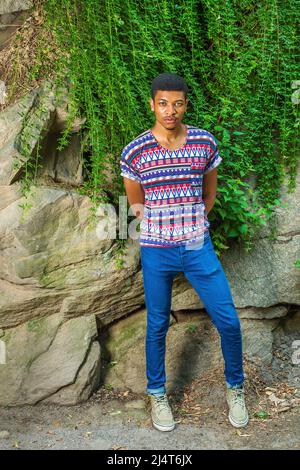 Homme afro-américain se détendant dans le parc de New York. Portant une chemise à motif coloré, un Jean bleu, des baskets, un collier, un jeune homme beau est assis o Banque D'Images