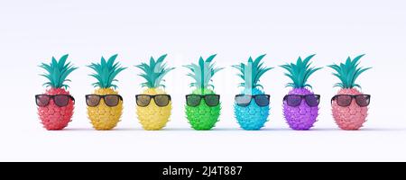 Ananas aux couleurs arc-en-ciel avec lunettes de soleil. Concept de vacances d'été isolé sur fond blanc 3D rendu 3D illustration Banque D'Images